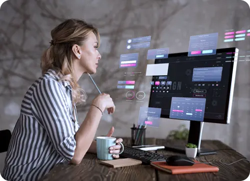 A lady is doing her work with deep thought on looking her computer