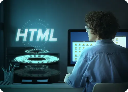 A Person With A Blue Shirt Looking His Computer And A HTML Word Is Noticeable Infront Him